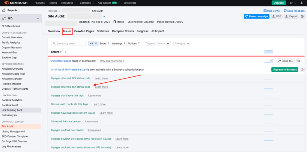 Semrush site audit issues