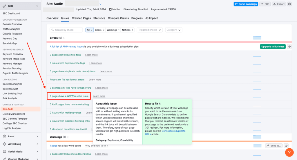 Semrush site audit internal links