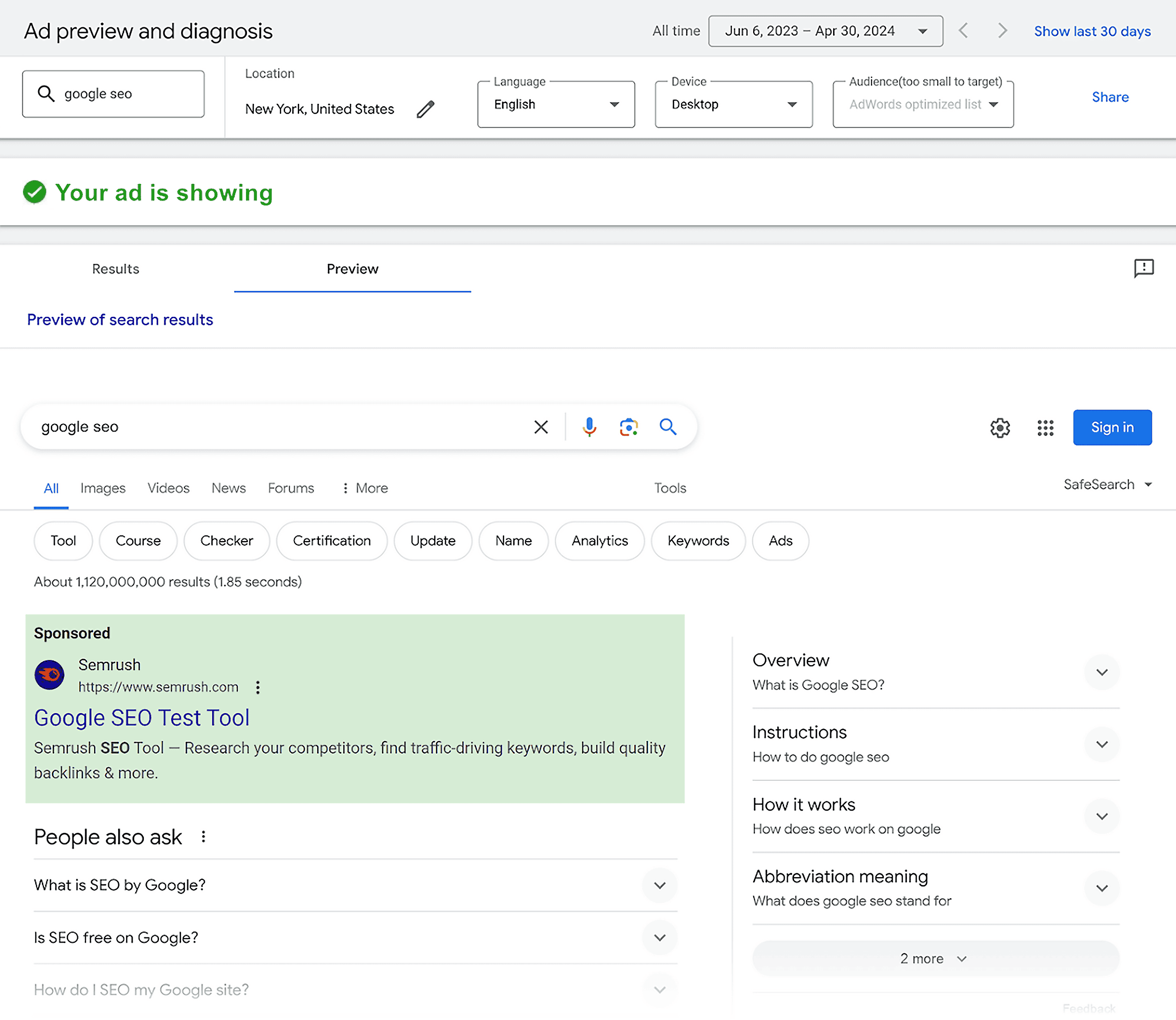 Ad preview and diagnosis