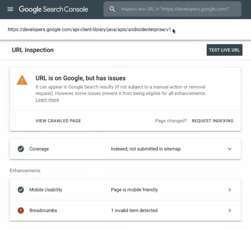Google Search Console – URL inspection