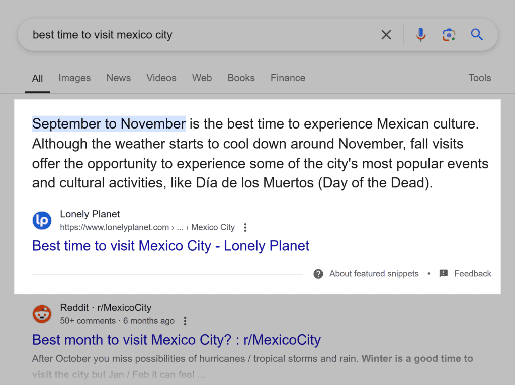 Google SERP – Best time to visit Mexico City – Featured Snippet