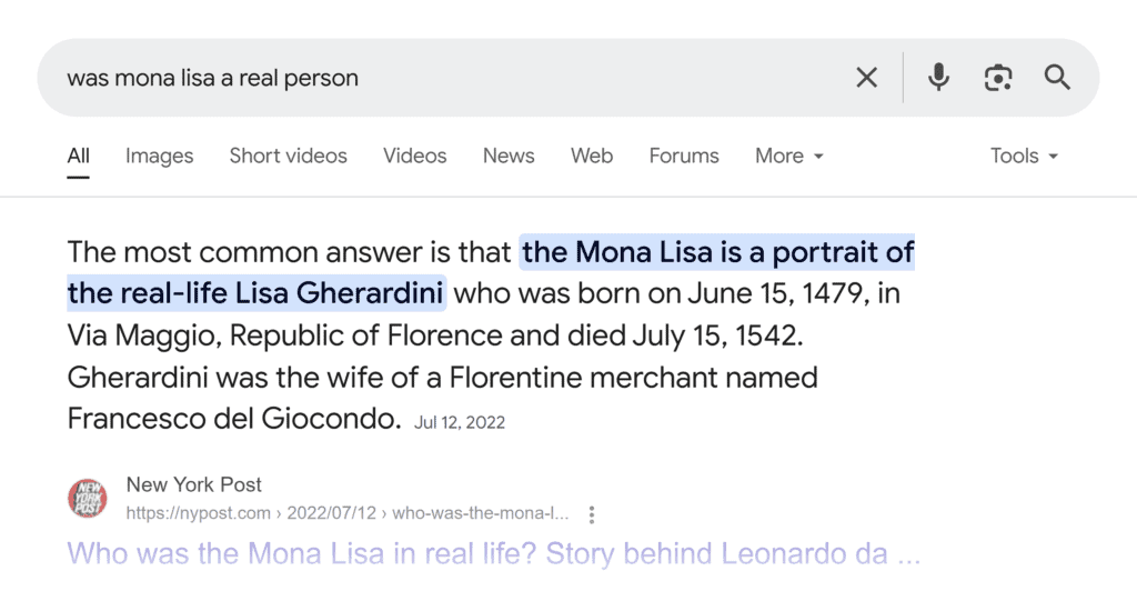 Google SERP – Was Mona Lisa a Real Person