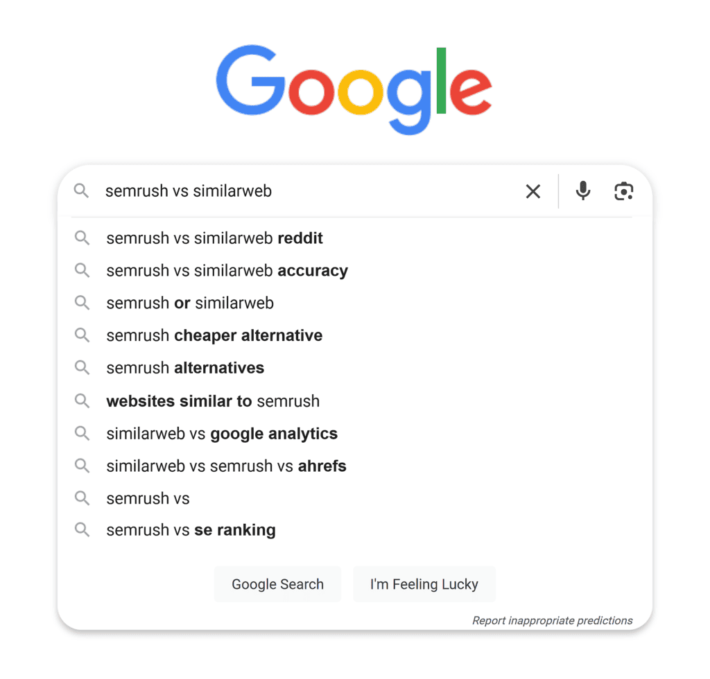 Google – Search suggestions – Semrush vs. Similarweb