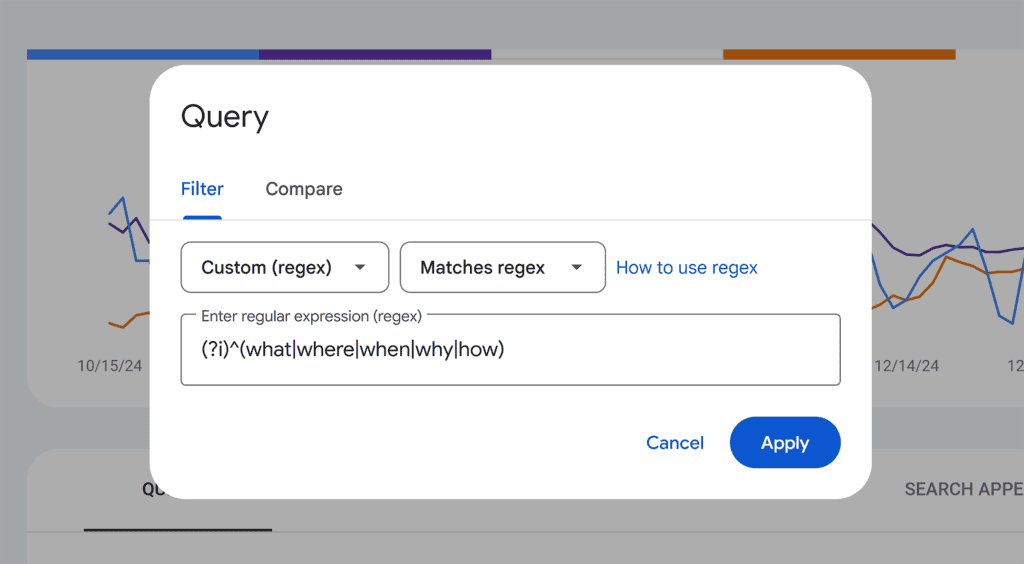 GSC – Add filter – Query – Custom (regex)