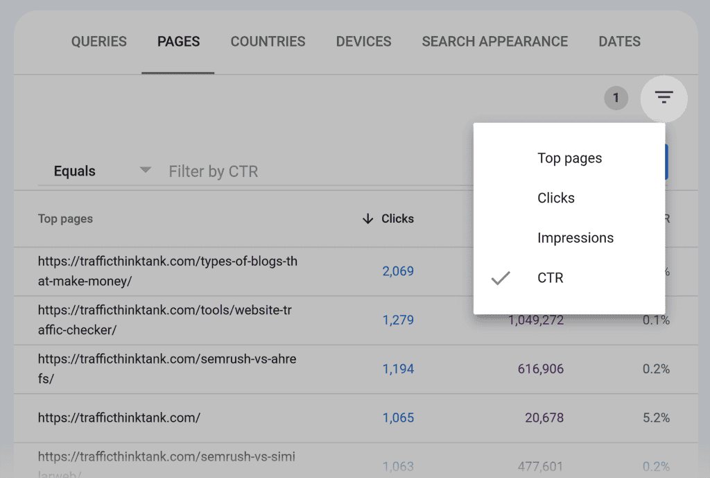 GSC – TTT – Search Results – Pages – Filter CTR