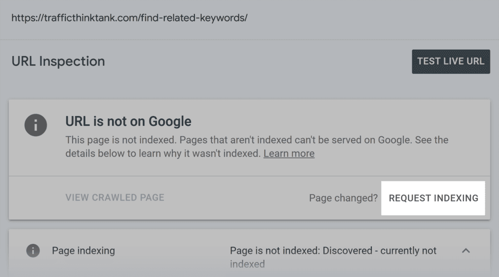 GSC – TTT – URL Inspection – Request Indexing