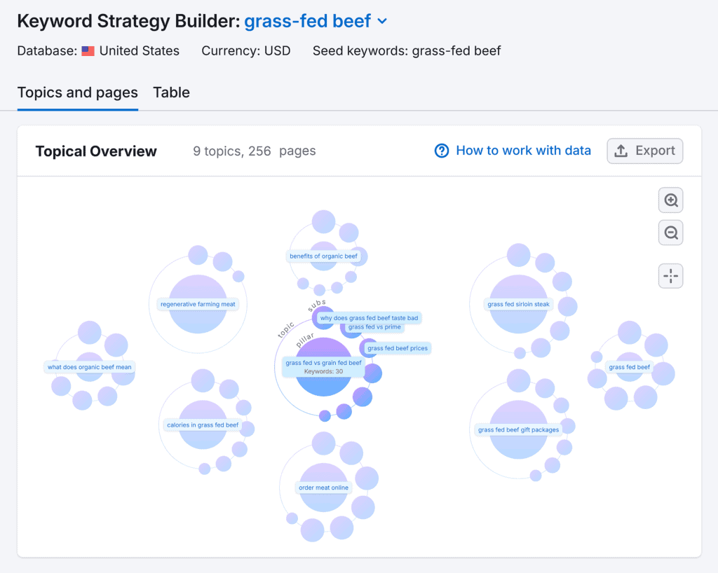 Keyword Strategy Builder – Grass-fed beef – Topics & Pages