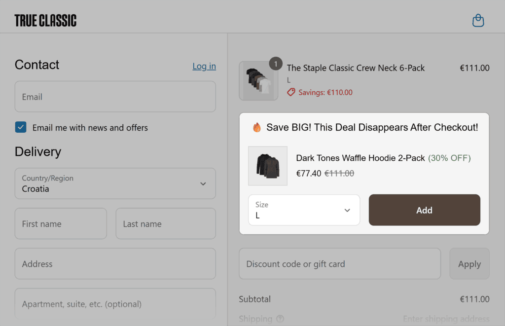 True Classic Tees – Checkout upsells