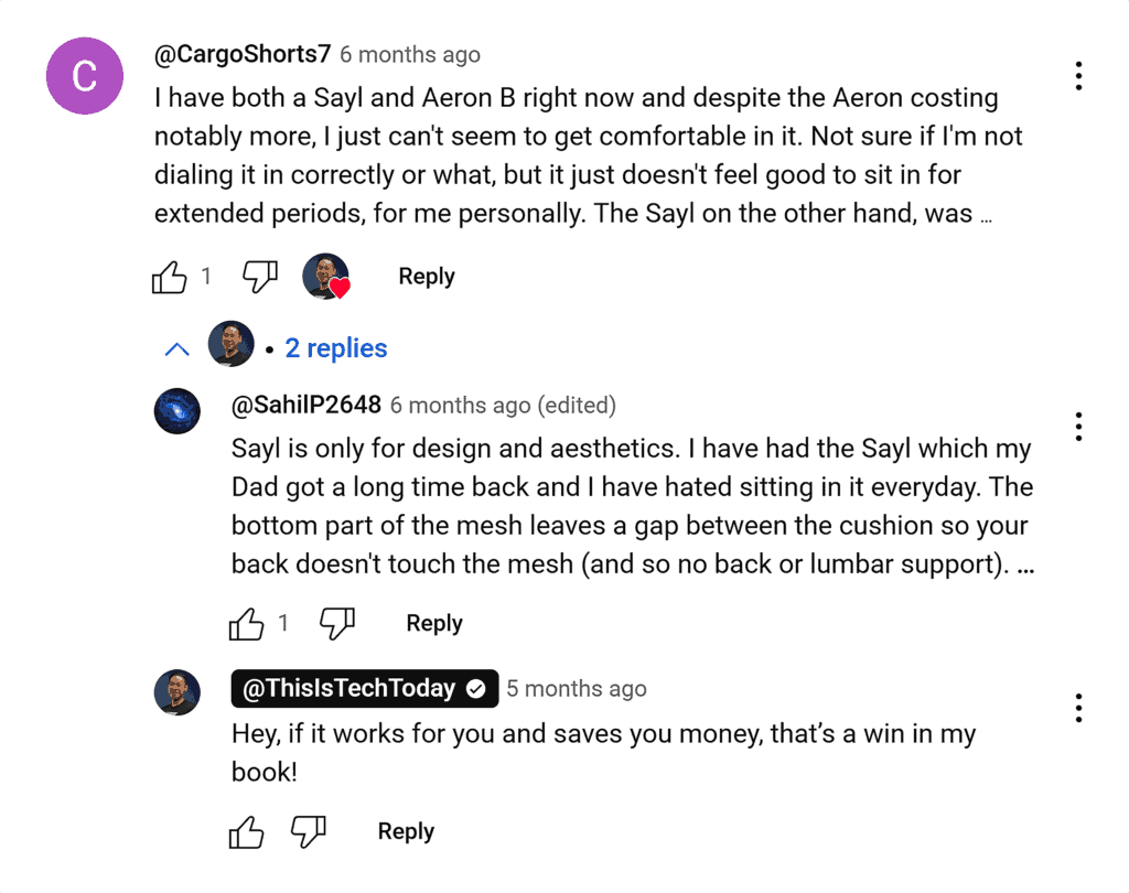 YouTube – Comments on a product video