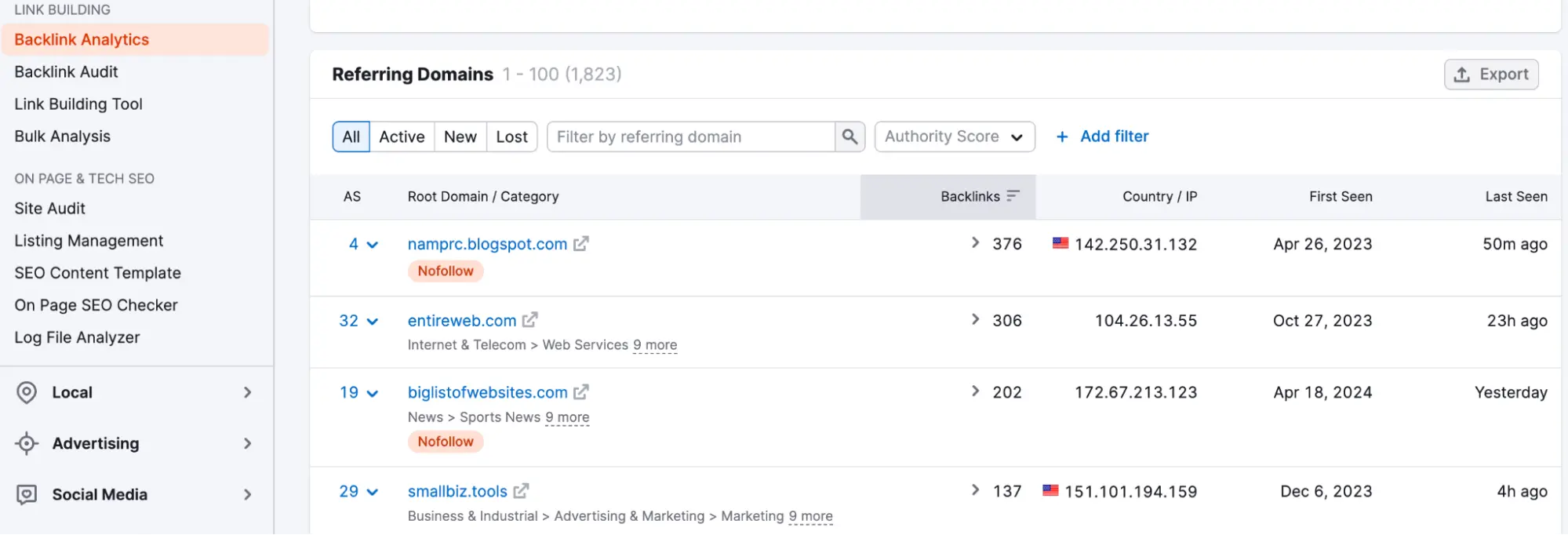Semrush referring domains