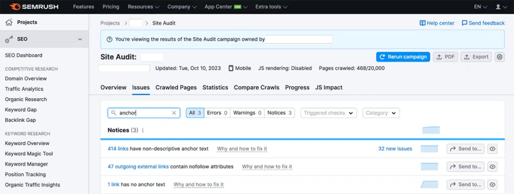 semrush site audit issues tab
