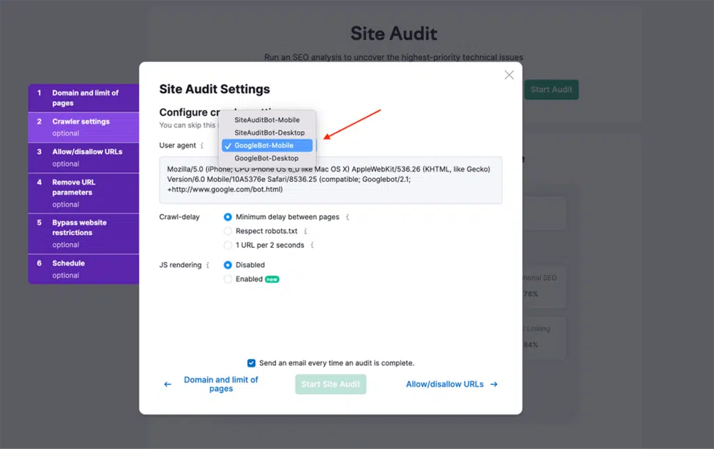 Semrush site audit tool