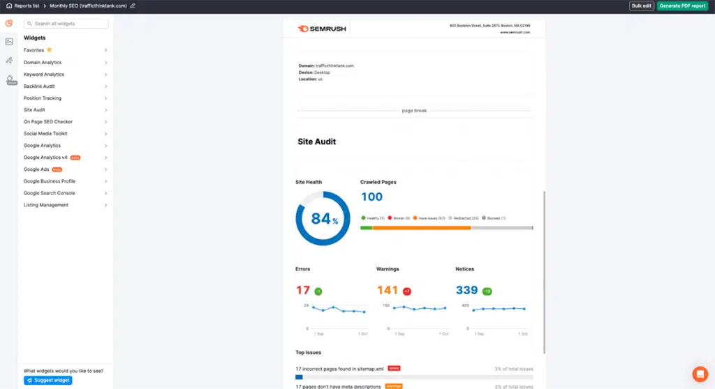 Semrush automatic report PDF