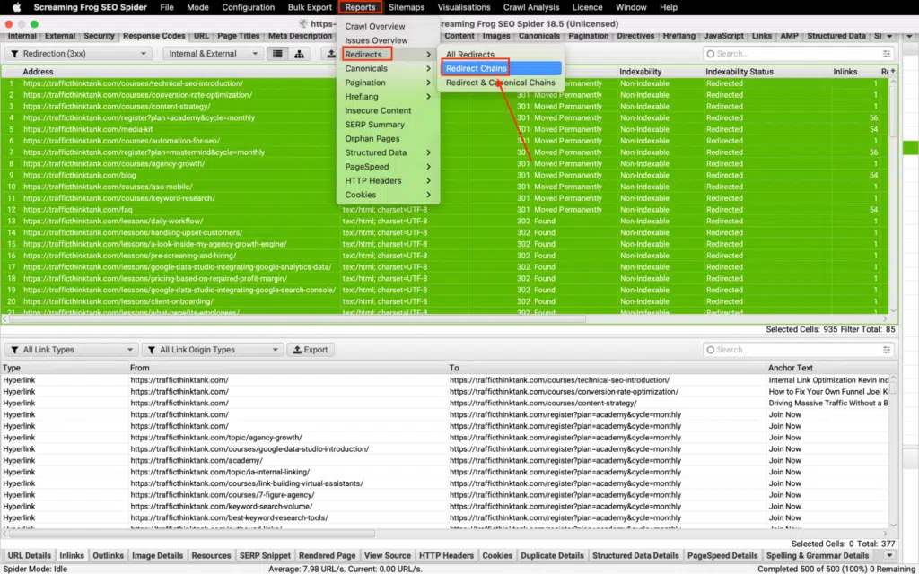 Screaming Frog redirect chains