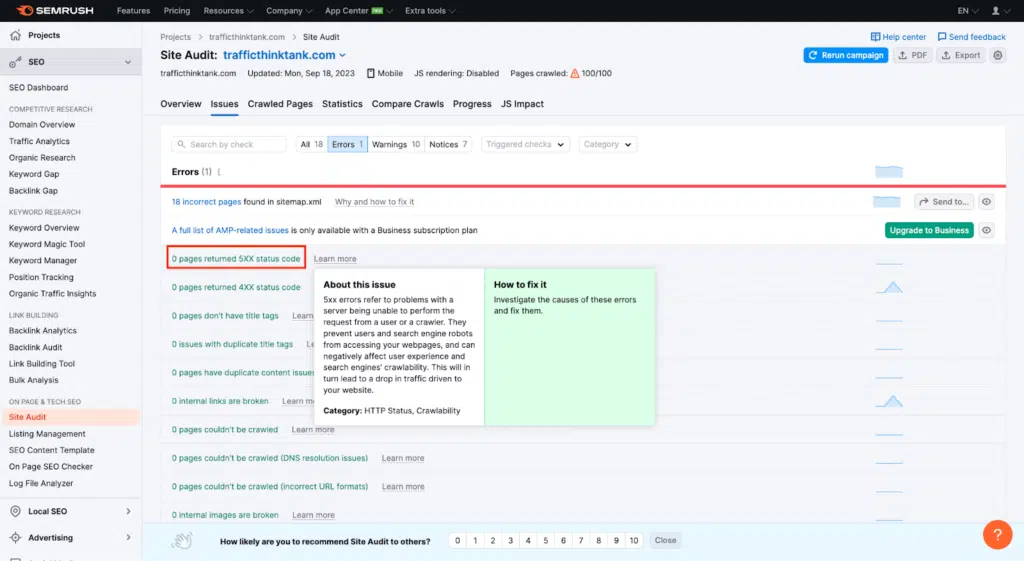 Semrush Site Audit 5xx status code